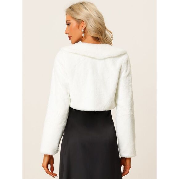Faux Fur Bolero Shrug Crop Jacket Evening Bow Tie Front Fluffy Coat White - Picture 4 of 5